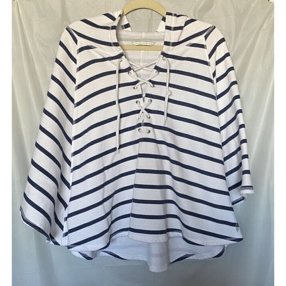 Victoria's Secret Navy Blue Striped Hooded Poncho Nautical Sz. L
